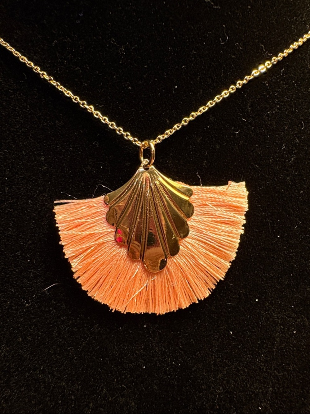 Gold Shell Pendant Necklace with Pink Tassel Fringe 14k plated 16 inch + 3 inch